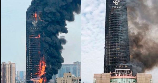 В Китае сгорел небоскреб China Telecom: внутри находились люди (видео)